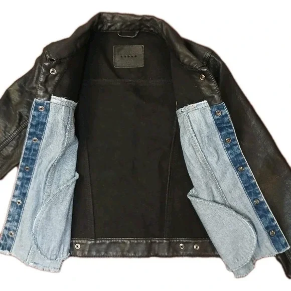 Blank NYC Black Faux Leather Jacket Blue Denim Womens Fashion Fall Size XS #316C - Picture 5 of 9